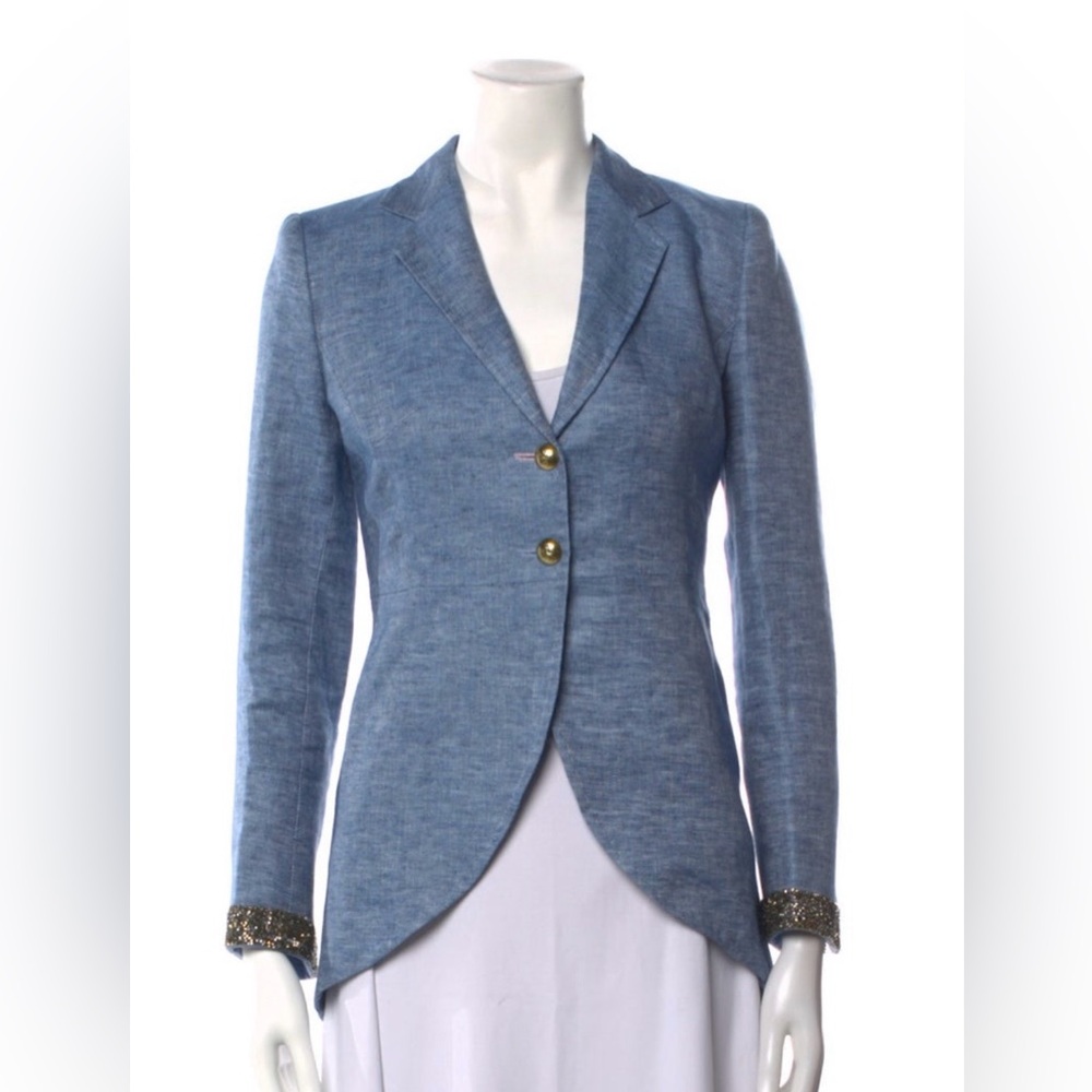 The Extreme Collection - Blue Linen Blazer with Embellished Cuffs - Women’s XS